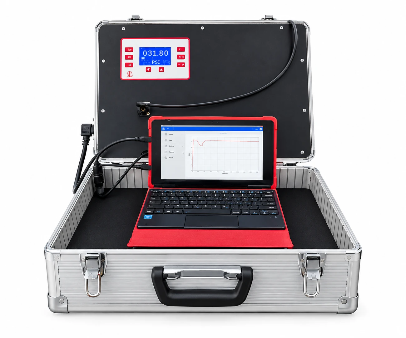 Registrador de pressão em maleta, com transdutor acoplado, mostrador de pressão em PSI e computador de aquisição exibindo a curva de pressão por tempo